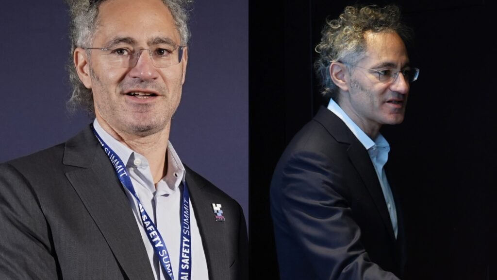 Then and now composite of Alex Karp: 2023 (left) and Davos 2026 (right)