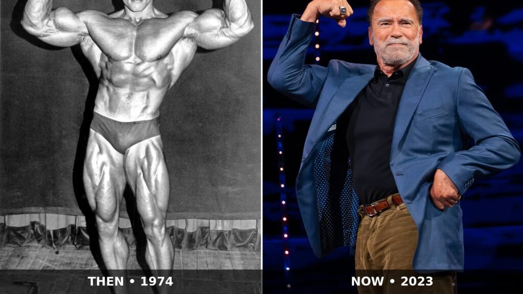 Arnold Schwarzenegger then and now composite: 1974 and 2023
