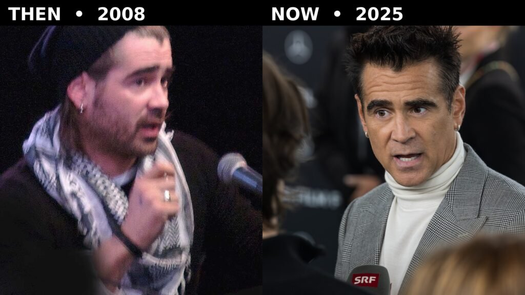 Colin Farrell then and now: composite comparison of Colin Farrell in 2008 (left) and 2025 (right)