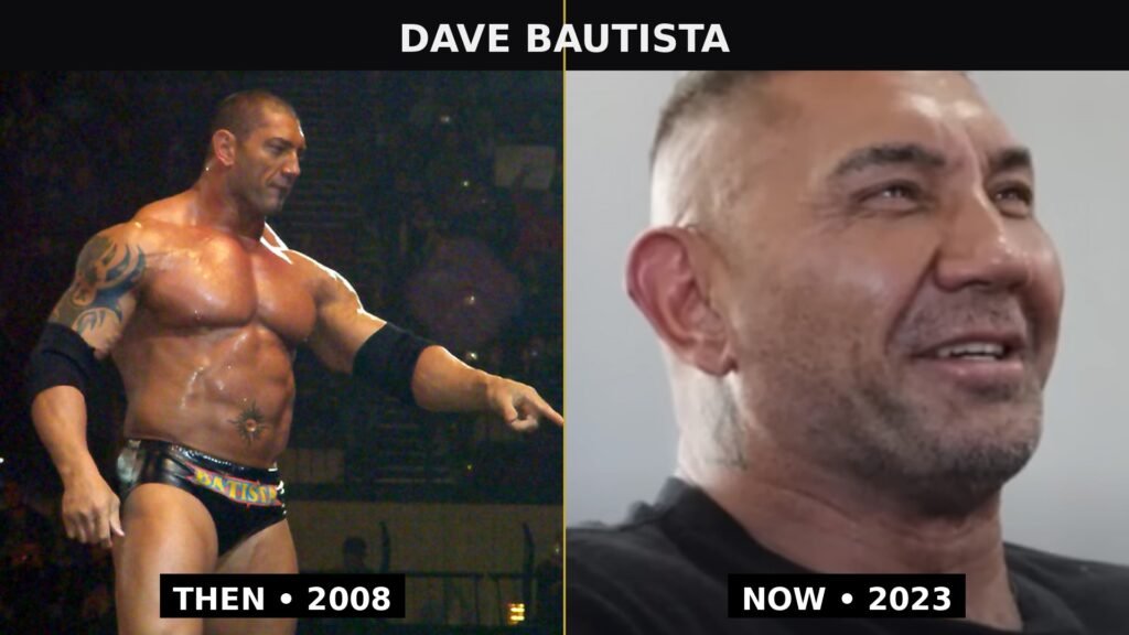Then and now: Dave Bautista in 2008 (left) and 2023 (right)