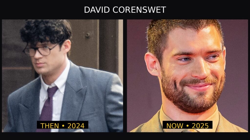 David Corenswet then and now: 2024 as Clark Kent on the Superman set (left) and 2025 at the Manila premiere (right)