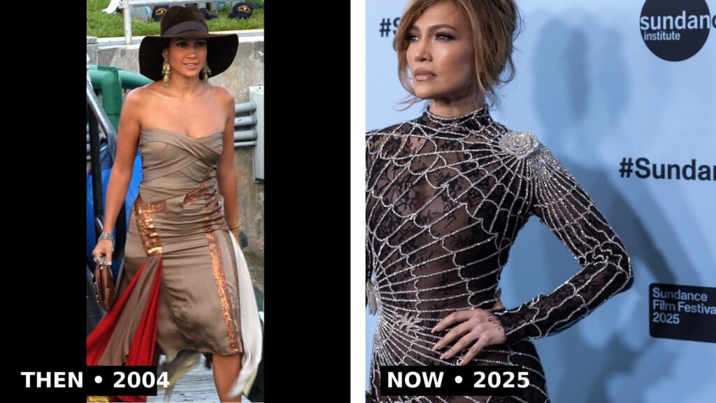 Jennifer Lopez then and now: in 2004 (left) and in 2025 (right)