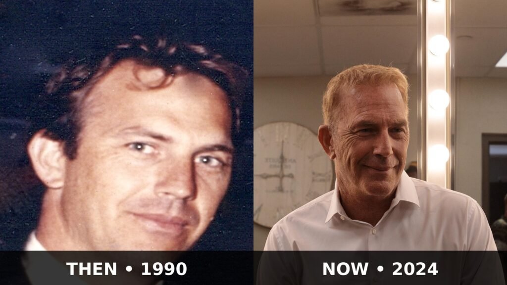 Kevin Costner then and now: composite showing Kevin Costner in 1990 and 2024