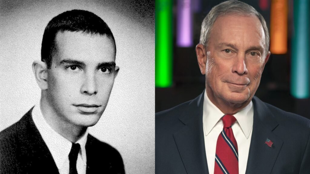 Michael Bloomberg then and now composite: 1964 yearbook photo on the left and modern headshot on the right