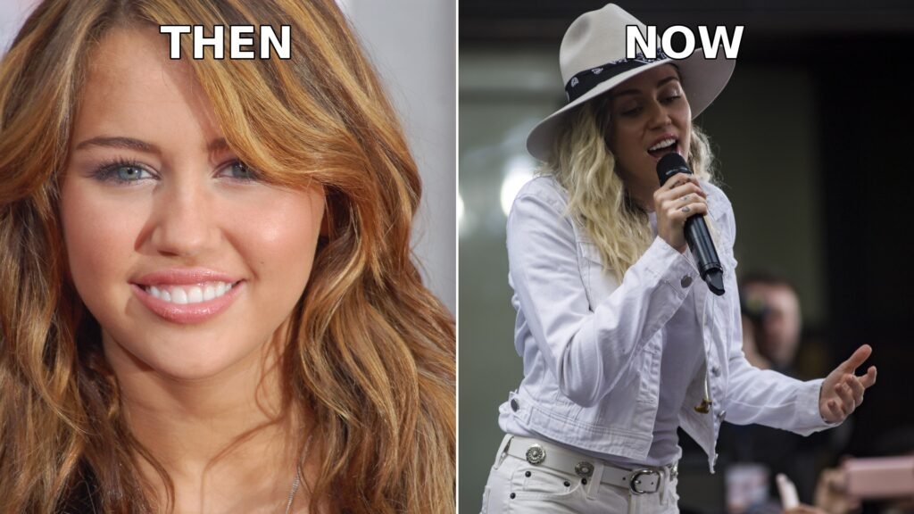 Miley Cyrus then and now side-by-side comparison