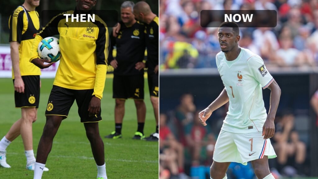Ousmane Dembélé then and now: at Borussia Dortmund in 2017 and with France at the 2026 World Cup