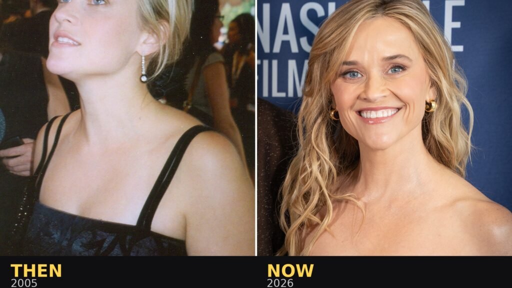 Reese Witherspoon then and now: composite of 2005 and 2026 photos